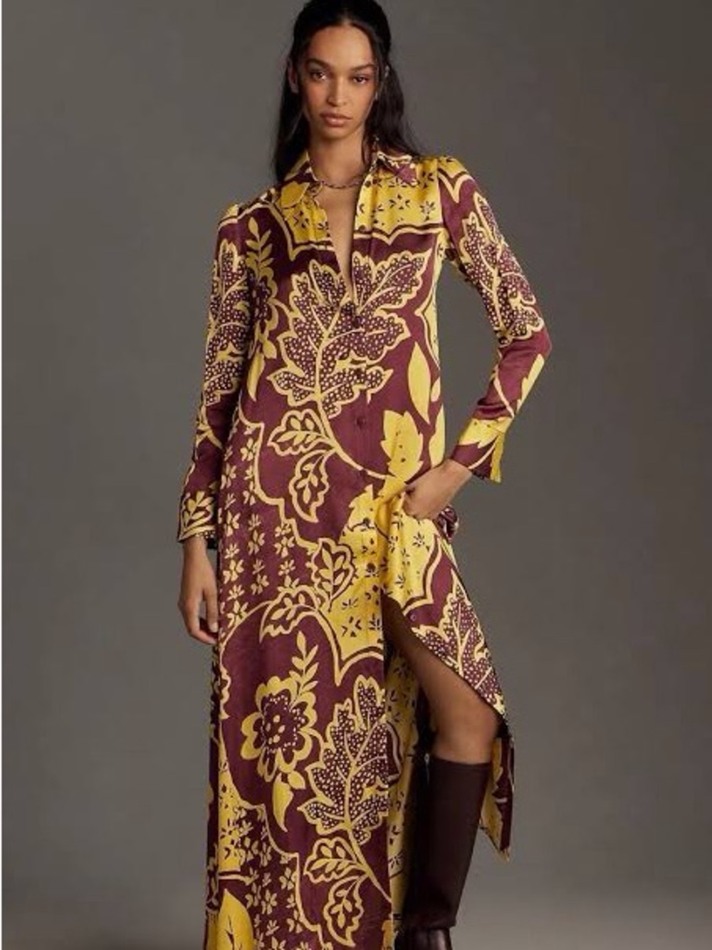 Anthropologie x Corey Lynn Calter Yellow and Burgundy Floral Maxi Shirt Dress
